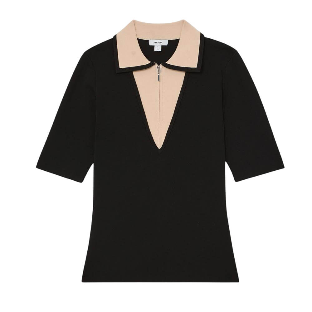 REISS Stella Contrast-Collar Half-Zip Knitted Top